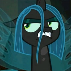 Size: 715x715 | Tagged: safe, artist:opossum-stuff, edit, edited screencap, screencap, queen chrysalis, changeling, changeling queen, frenemies (episode), g4, alternate hairstyle, queen chrysalis is not amused, short mane, solo, unamused