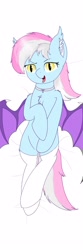 Size: 1000x3000 | Tagged: safe, artist:woodgu, oc, oc only, oc:woodgu, bat pony, pony, bat pony oc, bat wings, body pillow, body pillow design, chest fluff, choker, clothes, ear fluff, fangs, female, looking at you, mare, open mouth, simple background, smiling, socks, solo, tongue out, white background, white socks, wings