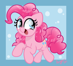 Size: 888x804 | Tagged: safe, artist:sugarcloud12, pinkie pie, earth pony, pony, g4, abstract background, cute, diapinkes, open mouth, open smile, passepartout, signature, smiling, solo