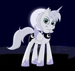 Size: 1624x1532 | Tagged: safe, artist:ismazhecat, oc, oc only, unnamed oc, alicorn, pony, g5, dark background, eyebrows, folded wings, frown, hijo de la luna, hoof shoes, looking at you, male, moon, peytral, solo, stallion, wings