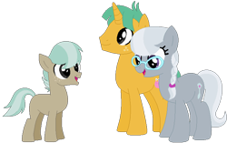 Size: 705x442 | Tagged: safe, artist:camomiie, artist:selenaede, silver spoon, snails, oc, oc:golden beetle, earth pony, pony, unicorn, g4, base used, colt, female, foal, glasses, male, mare, offspring, older, older silver spoon, older snails, parent:silver spoon, parent:snails, parents:snailspoon, shipping, simple background, snailspoon, stallion, straight, transparent background, trio