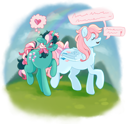 Size: 2414x2336 | Tagged: safe, artist:beetlepaws, fizzy, wind whistler, pegasus, pony, twinkle eyed pony, unicorn, g1, blue, blush scribble, blushing, bow, chatting, cute, duo, duo female, eyes closed, female, fizzybetes, friends, green, high res, lesbian, mare, multicolored hair, pink eyes, pink hair, pink mane, pink tail, ship:whistlepop, shipping, simple background, speech bubble, tail, tail bow, talking, thought bubble, transparent background, walking, whistlerbetes, wings