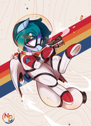 Size: 2565x3538 | Tagged: safe, artist:nevobaster, oc, oc only, oc:delta vee, pegasus, pony, abstract background, angry, bullet, female, flying, glasses, gun, handgun, high res, jetpack, looking back, mare, pistol, raised hoof, raised leg, rocket launcher, space, space helmet, spacesuit, starfield (game), underhoof, weapon