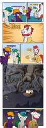 Size: 1920x5290 | Tagged: safe, artist:alexdti, artist:v_nico, oc, oc:flawless dusk, oc:purple creativity, oc:star logic, giant spider, pony, spider, armor, comic, size difference