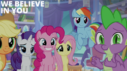 Size: 2000x1125 | Tagged: safe, edit, edited screencap, editor:quoterific, screencap, applejack, fluttershy, pinkie pie, rainbow dash, rarity, spike, dragon, earth pony, pegasus, pony, unicorn, g4, the ending of the end, book, bookshelf, female, male, mare, winged spike, wings