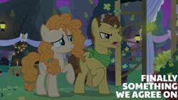 Size: 2017x1134 | Tagged: safe, edit, edited screencap, editor:quoterific, screencap, grand pear, pear butter, earth pony, pony, g4, my little pony: friendship is magic, the perfect pear, apple, candle, food, hay bale, lantern, pear tree, tree