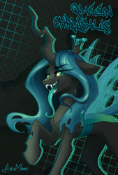 Size: 2259x3345 | Tagged: safe, artist:alrumoon_art, queen chrysalis, changeling, changeling queen, collaboration:meet the best showpony, g4, abstract background, collaboration, crown, eye clipping through hair, eyebrows, eyebrows visible through hair, fangs, female, glowing, glowing eyes, high res, insect wings, jewelry, long tongue, looking at you, open mouth, open smile, raised hoof, regalia, signature, smiling, smiling at you, solo, spread wings, standing, three quarter view, tongue out, wings