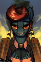 Size: 2000x3000 | Tagged: safe, artist:jedayskayvoker, oc, oc:money trough, pony, bust, clapping, clothes, colored sketch, evil smile, factory, glasses, grin, high res, icon, looking at you, male, necktie, portrait, sepia, shirt, sketch, smiling, smiling at you, solo, stallion, unshorn fetlocks