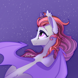 Size: 2048x2048 | Tagged: safe, artist:alrumoon_art, oc, oc:alruna moonrise, bat pony, abstract background, ear fluff, eyebrows, female, heart, heart eyes, high res, long mane, mare, solo, spread wings, wingding eyes, wings