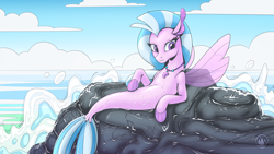 Size: 2560x1440 | Tagged: safe, artist:mysticalpha, silverstream, seapony (g4), g4, belly, blue mane, clothes, cloud, dorsal fin, draw me like one of your french girls, eyelashes, female, fin, fin wings, fins, fish tail, flowing mane, flowing tail, jewelry, looking at you, necklace, ocean, purple eyes, rock, seapony silverstream, see-through, sky, smiling, smiling at you, solo, tail, water, wave, wet, wings