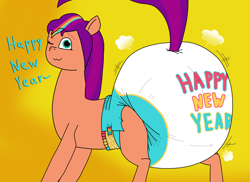 Size: 2000x1458 | Tagged: safe, artist:ryanbrony765, sunny starscout, earth pony, pony, g5, ;3, air pushed out of diaper, butt shake, diaper, diaper butt, diaper fetish, fetish, happy new year, holiday, impossibly large diaper, mane stripe sunny, motion lines, non-baby in diaper, one eye closed, poofy diaper, raised tail, simple background, smiling, tail, tail hole, talking, talking to viewer, wink, yellow background