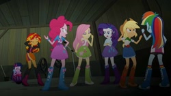 Size: 1200x675 | Tagged: safe, screencap, applejack, fluttershy, pinkie pie, rainbow dash, rarity, sunset shimmer, twilight sparkle, human, equestria girls, g4, my little pony equestria girls: rainbow rocks, angry, argument, belt, blouse, boots, bowtie, bracelet, button-up shirt, clothes, cowboy hat, crossed arms, denim, denim skirt, female, freckles, frown, frustrated, glass, gritted teeth, hair, hairpin, hand on head, hand on hip, hat, humane five, humane seven, humane six, jacket, jewelry, leather, leather jacket, makeup, open mouth, ponytail, puffy sleeves, sad, shirt, shoes, sitting, skirt, socks, spread arms, t-shirt, talking, tank top, teenager, teeth, top, vest, wristband, yelling