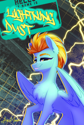 Size: 2259x3345 | Tagged: safe, artist:alrumoon_art, lightning dust, pegasus, pony, collaboration:meet the best showpony, g4, abstract background, belly, chest fluff, collaboration, concave belly, ear fluff, eyebrows, fangs, female, high res, leg fluff, lidded eyes, lightning, looking at you, mare, outline, raised hoof, signature, solo, three quarter view, wings