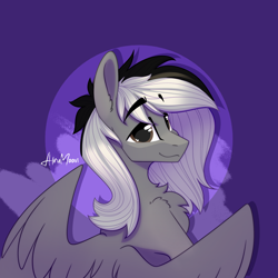 Size: 2048x2048 | Tagged: safe, artist:alrumoon_art, oc, oc only, pegasus, pony, chest fluff, high res, looking at you, looking back, looking back at you, male, multicolored hair, partially open wings, simple background, solo, wings