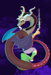 Size: 2197x3219 | Tagged: safe, artist:alrumoon_art, discord, draconequus, g4, abstract background, chromatic aberration, eyebrows, facial hair, goatee, high res, horns, looking at you, male, mismatched wings, signature, smiling, smiling at you, solo, spread wings, wings