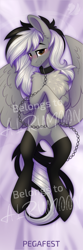 Size: 1500x4500 | Tagged: safe, artist:alrumoon_art, oc, oc only, pegasus, pony, blushing, chains, chest fluff, clothes, collar, ear fluff, obtrusive watermark, smiling, socks, solo, spread wings, thigh highs, watermark, wings