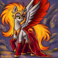 Size: 640x640 | Tagged: safe, artist:kirieshka, daybreaker, princess celestia, alicorn, pony, unicorn, equestria at war mod, g4, colored wings, female, fire, helmet, horn, long hair, long tail, looking at you, peytral, raised hoof, signature, smiling, smiling at you, solo, spread wings, tail, wings, yin-yang