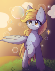 Size: 2000x2550 | Tagged: safe, artist:miryelis, derpy hooves, pegasus, pony, g4, big ears, bubble, cloud, cute, derpabetes, female, grass, high res, mare, raised hoof, sky, smiling, solo, sparkles, spread wings, wings