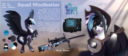 Size: 3600x1583 | Tagged: safe, artist:alrumoon_art, oc, oc only, oc:squall windfeather, pegasus, pony, fallout equestria, awp, banjo, cowboy hat, fallout, gun, hat, high res, male, multicolored mane, musical instrument, pipbuck, reference sheet, rifle, scar, sniper rifle, spread wings, weapon, wings