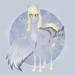 Size: 1010x1000 | Tagged: safe, artist:dementra369, derpy hooves, pegasus, pony, g4, abstract background, bubble, coat markings, colored eartips, colored hooves, colored pinnae, facial markings, female, hoers, looking at you, mare, one wing out, realistic anatomy, snip (coat marking), socks (coat markings), solo, spread wings, wings