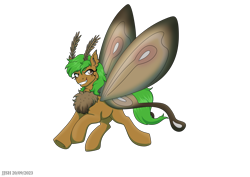 Size: 4093x2894 | Tagged: safe, artist:jjsh, oc, oc only, oc:peatmoss, breezie, moth, mothpony, original species, breeziefied, chest fluff, grin, high res, insect wings, male, signature, simple background, smiling, solo, species swap, spread wings, stallion, transparent background, wings