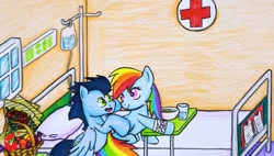 Size: 1265x720 | Tagged: safe, artist:annie korea, rainbow dash, soarin', pegasus, pony, g4, bed, female, hospital, hospital bed, injured, looking at each other, looking at someone, male, mare, ship:soarindash, shipping, smiling, smiling at each other, stallion, straight, traditional art