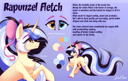 Size: 3038x1925 | Tagged: safe, artist:alrumoon_art, oc, oc only, oc:rapunzel fletch, pony, unicorn, bow, chest fluff, curved horn, hair bow, heart, heart eyes, heterochromia, horn, long mane, multicolored hair, reference sheet, wingding eyes