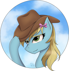 Size: 2031x2106 | Tagged: safe, artist:alicetriestodraw, oc, oc only, oc:lucky bolt, pegasus, pony, bow, bust, commission, cowboy hat, cowgirl, female, green eyes, hair bow, hat, hat tip, high res, long mane, mare, pegasus oc, portrait, simple background, sky, smiling, solo, stetson, transparent background
