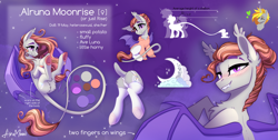 Size: 3318x1668 | Tagged: safe, artist:alrumoon_art, oc, oc only, oc:alruna moonrise, bat pony, bedroom eyes, blushing, clothes, cute, fangs, garter straps, hoodie, hoof heart, leonine tail, looking at you, looking back, looking back at you, panties, reference sheet, spread wings, stocks, tail, underhoof, underwear, wings
