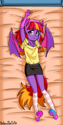 Size: 1152x2292 | Tagged: safe, artist:anibaruthecat, oc, oc:fire star, bat pony, anthro, unguligrade anthro, arms in the air, bat pony oc, bat wings, bed, bra, bra strap, bracelet, clothes, coat markings, ear tufts, explicit source, eyelashes, female, female oc, filly, foal, freckles, hoof feet, hooves, jewelry, kneesocks, looking at you, lying down, nail polish, on back, on bed, open mouth, red hair, shirt, skirt, socks, socks (coat markings), solo, striped socks, tail, two toned hair, two toned tail, underwear, wings, younger