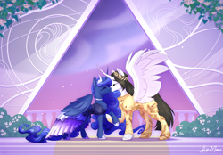 Size: 2841x1981 | Tagged: oc name needed, source needed, useless source url, safe, artist:alrumoon_art, princess luna, oc, alicorn, pony, g4, alicorn oc, armor, bush, clothes, dress, duo, duo male and female, ethereal mane, eyebrows, eyebrows visible through hair, female, hoof hold, hoof shoes, horn, jewelry, kissing, male, mare, princess shoes, spread wings, stairs, stallion, straight, wings