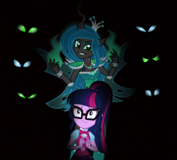 Size: 2372x2150 | Tagged: artist needed, safe, queen chrysalis, sci-twi, twilight sparkle, changeling, changeling queen, human, equestria girls, g4, belt, bowtie, clothes, crown, equestria girls-ified, eyes in the dark, female, glasses, high res, jewelry, ponytail, regalia, scared, sci-twi outfits, shirt, skirt, teenager