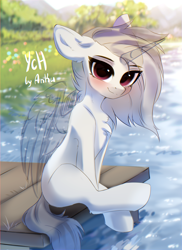 Size: 2300x3160 | Tagged: safe, artist:anku, pony, auction, blurry background, chest fluff, commission, female, high res, lake, looking at you, mare, pier, sitting, solo, water, your character here