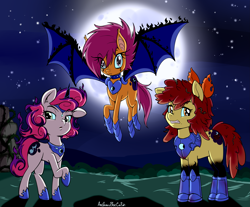 Size: 3629x3000 | Tagged: safe, artist:anibaruthecat, part of a set, apple bloom, scootaloo, sweetie belle, bat pony, earth pony, pegasus, pony, unicorn, g4, alternate timeline, armor, cutie mark crusaders, full moon, high res, moon, night, night guard armor, nightmare takeover timeline, peytral