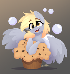 Size: 2685x2844 | Tagged: safe, artist:alrumoon_art, derpy hooves, pegasus, pony, g4, bubble, cute, derpabetes, eye clipping through hair, eyebrows, eyebrows visible through hair, female, food, giant food, gradient background, high res, looking at you, mare, muffin, open mouth, open smile, shadow, signature, smiling, smiling at you, solo, spread wings, wings
