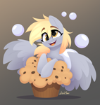 Size: 2685x2844 | Tagged: safe, artist:alrumoon_art, derpy hooves, pegasus, pony, bubble, eyebrows, eyebrows visible through hair, female, food, gradient background, looking at you, mare, muffin, open mouth, smiling, solo, spread wings, wings