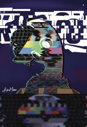 Size: 1867x2750 | Tagged: safe, artist:alrumoon_art, oc, oc:cardboard.exe, badge, box, cardboard box, chromatic aberration, error, glitch, signature, simple background