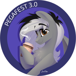 Size: 2048x2048 | Tagged: safe, artist:alrumoon_art, oc, oc only, pegasus, pony, chest fluff, coffee, eyebrows, eyebrows visible through hair, high res, holding, looking at you, mug, multicolored hair, smiling