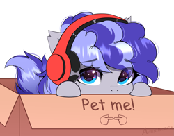 Size: 2773x2170 | Tagged: safe, alternate character, alternate version, artist:airiniblock, oc, oc only, oc:cinnabyte, earth pony, pony, box, cardboard box, commission, ear fluff, earth pony oc, fingers together, headphones, heart, heart eyes, high res, looking at you, pet request, pony in a box, puppy dog eyes, simple background, solo, white background, wingding eyes, ych result