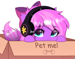 Size: 2773x2170 | Tagged: safe, alternate character, alternate version, artist:airiniblock, oc, oc only, oc:lillybit, earth pony, pony, box, cardboard box, commission, ear fluff, earth pony oc, fingers together, headphones, heart, heart eyes, high res, looking at you, pet request, pony in a box, puppy dog eyes, simple background, solo, white background, wingding eyes, ych result