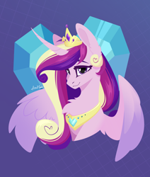 Size: 2920x3437 | Tagged: safe, artist:alrumoon_art, princess cadance, alicorn, pony, g4, crown, crystal heart, curved horn, heart, heart eyes, high res, horn, jewelry, looking at you, regalia, simple background, spread wings, wingding eyes, wings