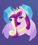 Size: 2920x3437 | Tagged: safe, artist:alrumoon_art, princess cadance, alicorn, pony, crown, crystal heart, curved horn, heart, heart eyes, horn, jewelry, looking at you, regalia, simple background, spread wings, wingding eyes, wings