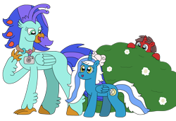 Size: 3028x2074 | Tagged: safe, artist:supahdonarudo, oc, oc only, oc:fleurbelle, oc:ironyoshi, oc:sea lilly, alicorn, classical hippogriff, hippogriff, pony, unicorn, alicorn oc, bow, bush, camera, duo focus, flower, hiding, high res, horn, jewelry, necklace, peeking, simple background, talking, transparent background, trio, wings