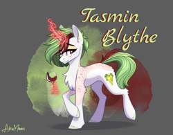 Size: 2516x1960 | Tagged: safe, artist:alrumoon_art, oc, oc only, pony, unicorn, abstract background, alcohol, chest fluff, freckles, glass, magic, magic glow, standing, telekinesis, wine, wine glass