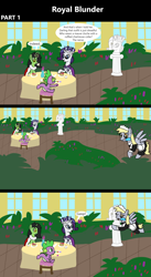 Size: 1920x3516 | Tagged: safe, artist:platinumdrop, derpy hooves, princess platinum, rarity, spike, oc, oc:filly anon, dragon, pegasus, pony, unicorn, comic:royal blunder, g4, 3 panel comic, accident, alternate universe, bust, cake, cape, clothes, clumsy, comic, commission, crash, crown, dialogue, drink, drinking, duster, eating, faceplant, female, filly, flower, flying, foal, food, garden, gasp, gem, glowing, glowing horn, horn, indoors, jewelry, looking at each other, looking at someone, magic, maid, maid headdress, makeup, male, mare, monocle, mouth hold, open mouth, ouch, plants, princess, regalia, royal, royalty, shocked, sitting, speech bubble, spread wings, statue, surprised, table, tablecloth, talking, tea, tea party, teapot, telekinesis, uniform, vase, wall of tags, window, wings