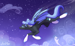 Size: 2743x1670 | Tagged: safe, artist:alrumoon_art, oc, oc only, bat pony, abstract background, blue eyes, cloud, flying, stars, wings