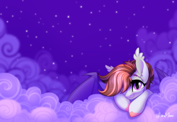 Size: 4961x3425 | Tagged: safe, artist:alrumoon_art, oc, oc only, oc:alruna moonrise, bat pony, cloud, cute, ear fluff, female, looking at you, mare, smiling, smiling at you, stars