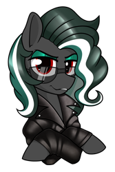 Size: 3800x5700 | Tagged: safe, artist:dacaoo, oc, oc only, oc:messer, pony, clothes, eyeshadow, jacket, leather, leather jacket, looking at you, makeup, shading, simple background, solo, sunglasses, transparent background