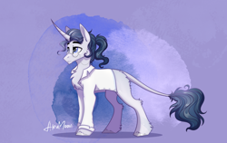 Size: 2740x1734 | Tagged: source needed, useless source url, safe, artist:alrumoon_art, oc, oc only, pony, unicorn, abstract background, blue eyes, chest fluff, curved horn, glasses, horn, leonine tail, male, tail, unicorn oc