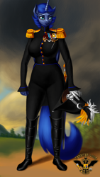Size: 4320x7680 | Tagged: safe, artist:tsaritsaluna, princess luna, alicorn, anthro, g4, alternate hairstyle, bicorne, bipedal, boots, clothes, epaulettes, female, fine art parody, hat, horn, medal, multiple horns, russia, shoes, smiling, solo, standing, sword, uniform, weapon